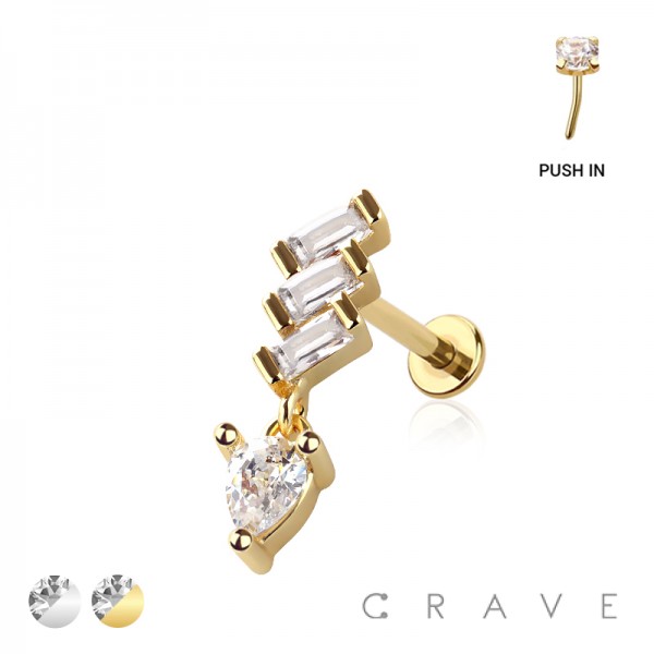 BAGUETTE CASCADE TEARDROP DANGLE TOP THREADLESS (PUSH IN) 316L SURGICAL STEEL LABRET SET